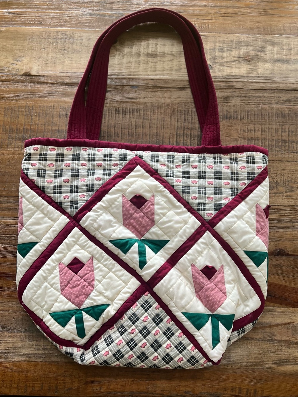 Handmade Vintage Quilt Tote Bag Tulip & Plaid Pig Patchwork | Cottagecore